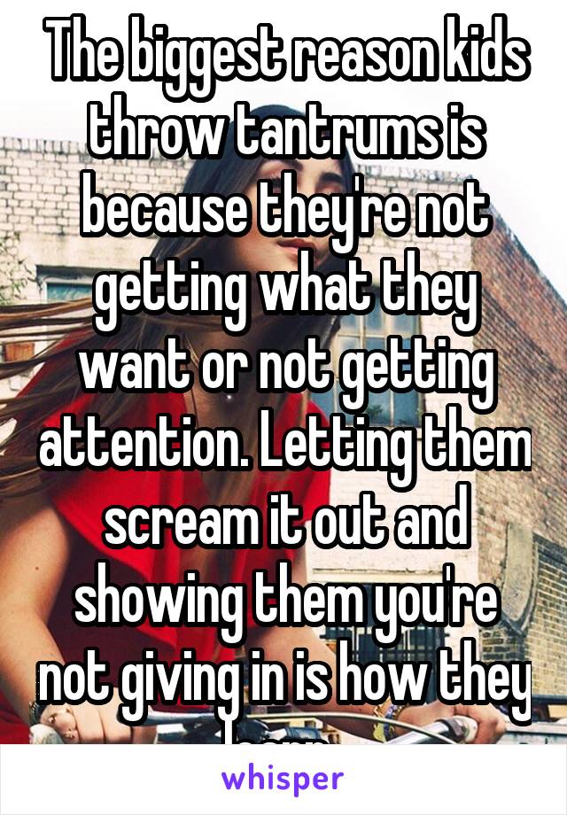 The biggest reason kids throw tantrums is because they're not getting what they want or not getting attention. Letting them scream it out and showing them you're not giving in is how they learn. 