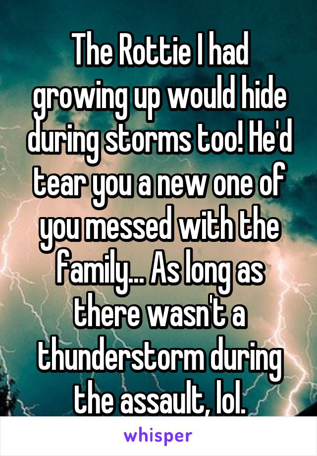 The Rottie I had growing up would hide during storms too! He'd tear you a new one of you messed with the family... As long as there wasn't a thunderstorm during the assault, lol.