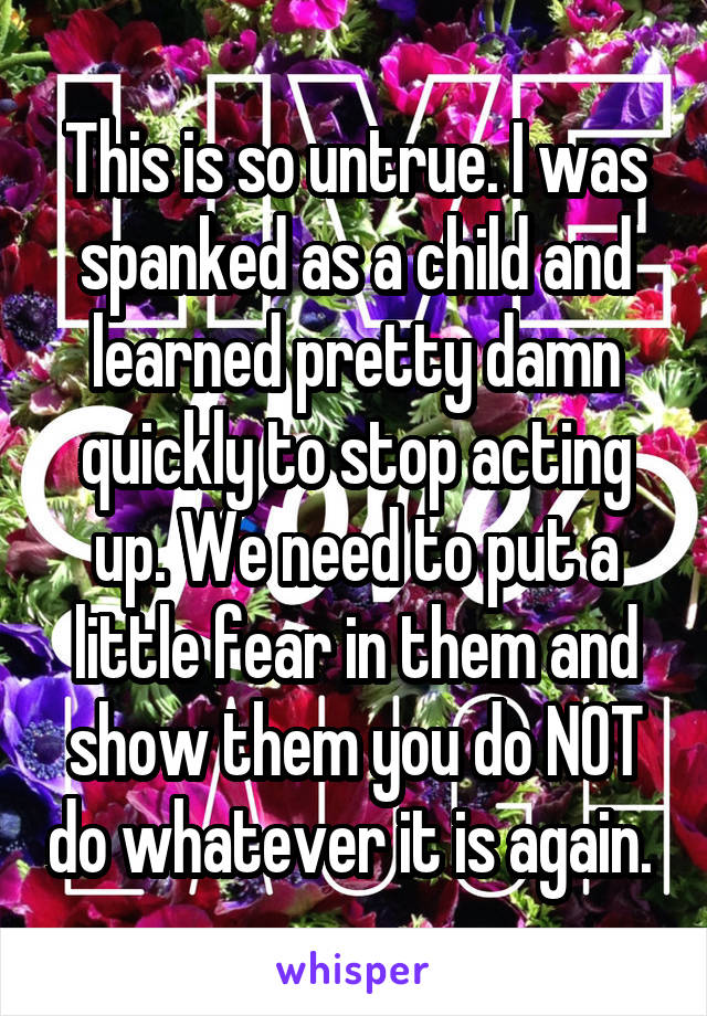 This is so untrue. I was spanked as a child and learned pretty damn quickly to stop acting up. We need to put a little fear in them and show them you do NOT do whatever it is again. 