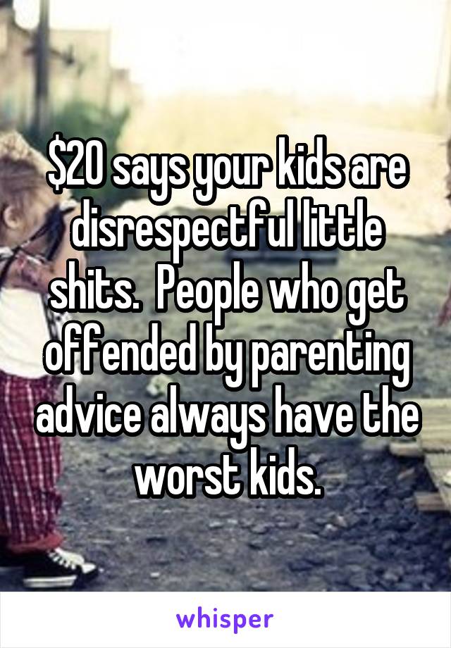 $20 says your kids are disrespectful little shits.  People who get offended by parenting advice always have the worst kids.