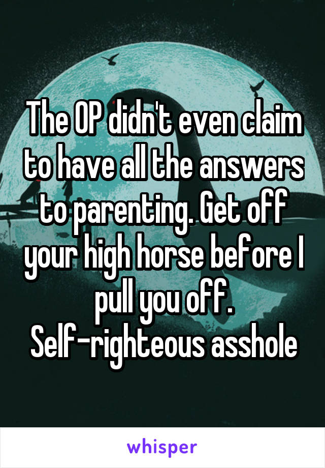 The OP didn't even claim to have all the answers to parenting. Get off your high horse before I pull you off. Self-righteous asshole