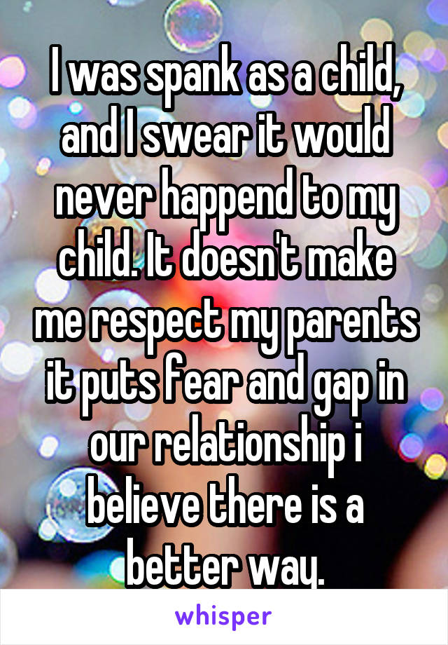 I was spank as a child, and I swear it would never happend to my child. It doesn't make me respect my parents it puts fear and gap in our relationship i believe there is a better way.