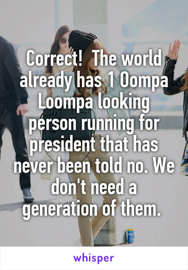 Correct!  The world already has 1 Oompa Loompa looking person running for president that has never been told no. We don't need a generation of them. 