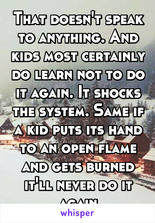 That doesn't speak to anything. And kids most certainly do learn not to do it again. It shocks the system. Same if a kid puts its hand to an open flame and gets burned it'll never do it again