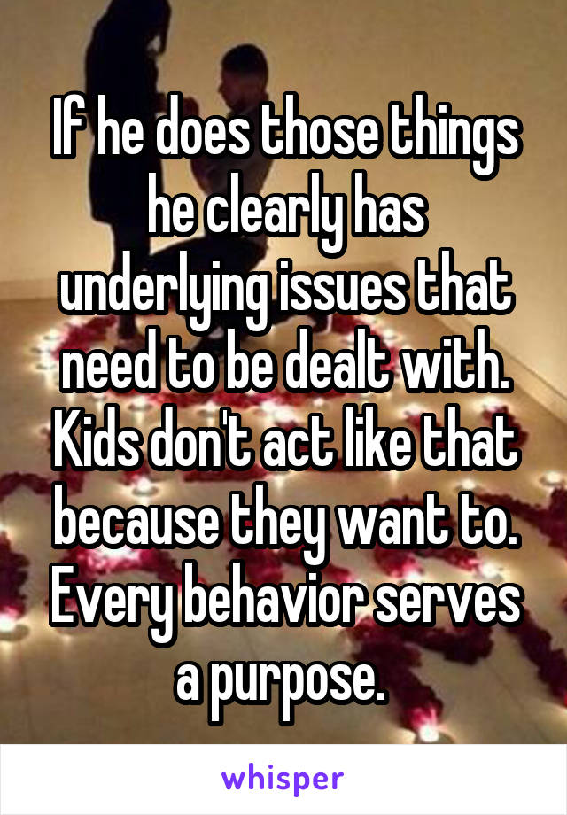 If he does those things he clearly has underlying issues that need to be dealt with. Kids don't act like that because they want to. Every behavior serves a purpose. 