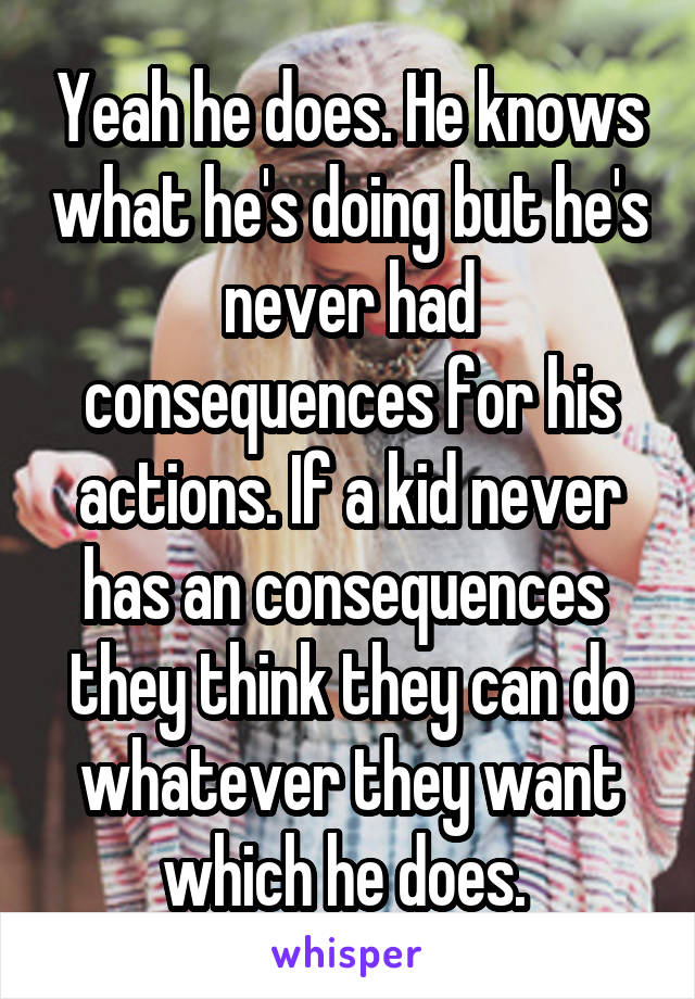 Yeah he does. He knows what he's doing but he's never had consequences for his actions. If a kid never has an consequences  they think they can do whatever they want which he does. 