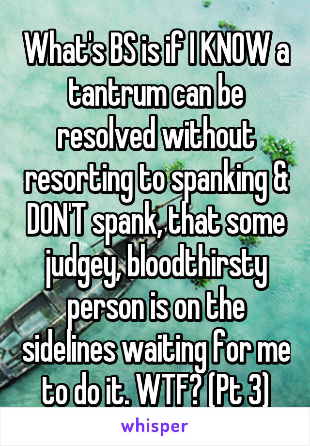 What's BS is if I KNOW a tantrum can be resolved without resorting to spanking & DON'T spank, that some judgey, bloodthirsty person is on the sidelines waiting for me to do it. WTF? (Pt 3)