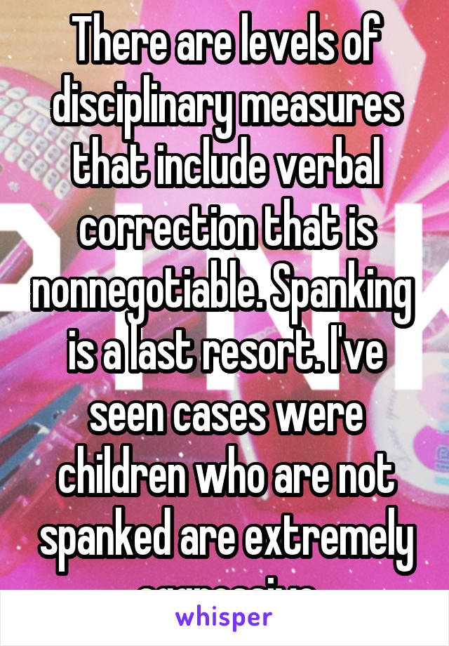 There are levels of disciplinary measures that include verbal correction that is nonnegotiable. Spanking  is a last resort. I've seen cases were children who are not spanked are extremely aggressive