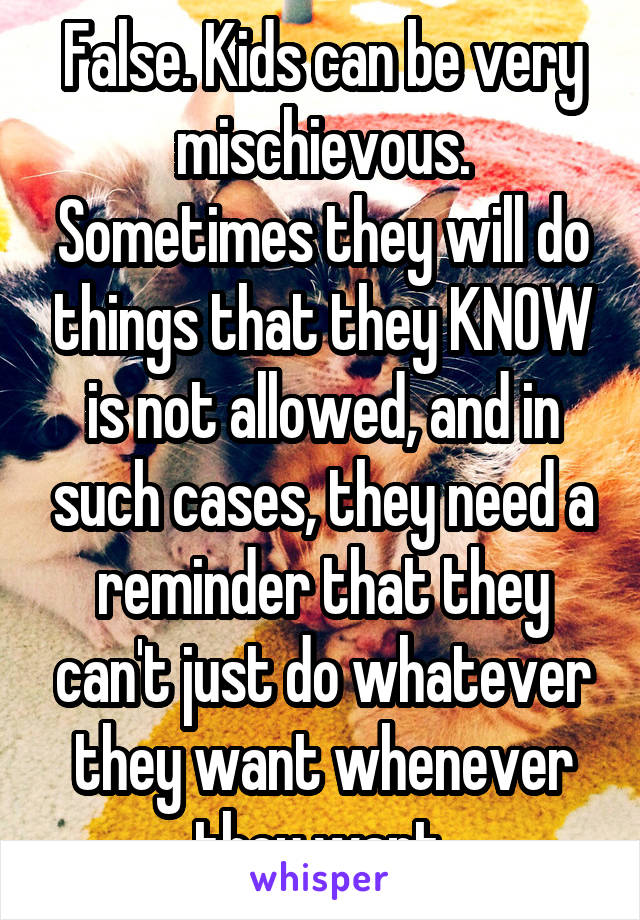 False. Kids can be very mischievous. Sometimes they will do things that they KNOW is not allowed, and in such cases, they need a reminder that they can't just do whatever they want whenever they want.