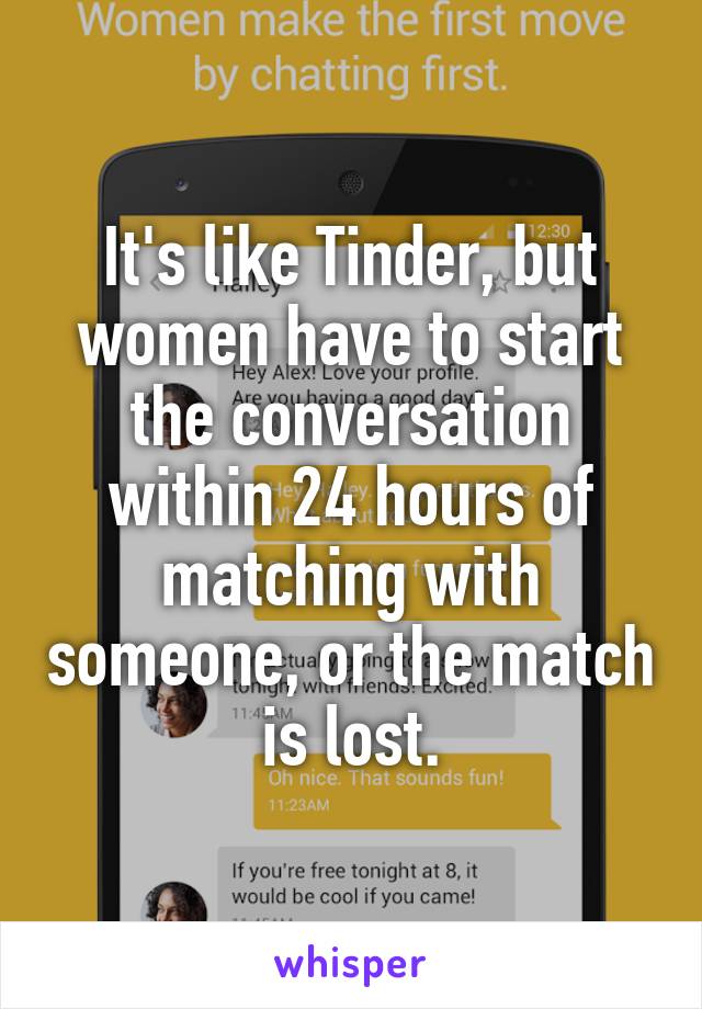 It's like Tinder, but women have to start the conversation within 24 hours of matching with someone, or the match is lost.