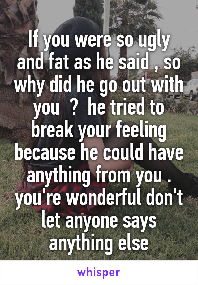 If you were so ugly and fat as he said , so why did he go out with you  ?  he tried to break your feeling because he could have anything from you . you're wonderful don't let anyone says anything else