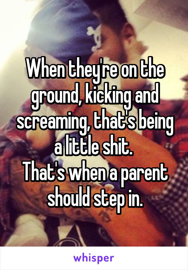 When they're on the ground, kicking and screaming, that's being a little shit. 
That's when a parent should step in.