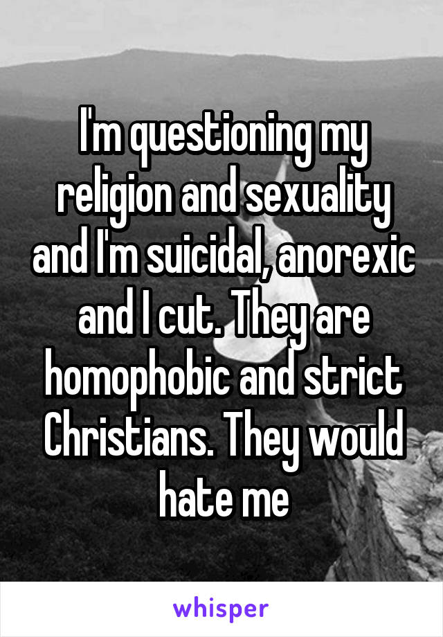 I'm questioning my religion and sexuality and I'm suicidal, anorexic and I cut. They are homophobic and strict Christians. They would hate me