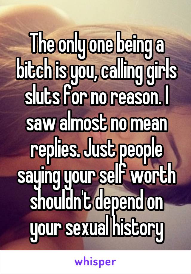 The only one being a bitch is you, calling girls sluts for no reason. I saw almost no mean replies. Just people saying your self worth shouldn't depend on your sexual history