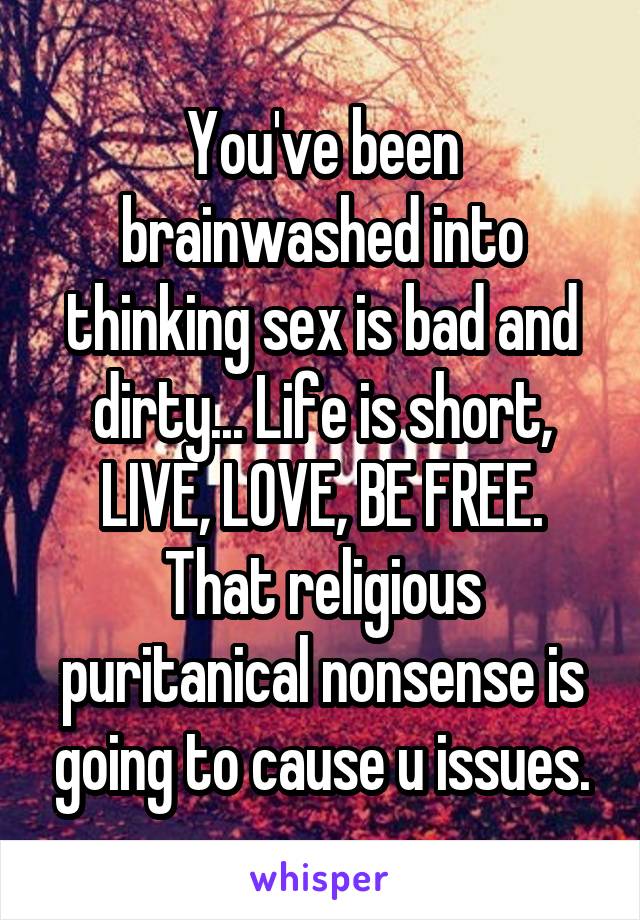 You've been brainwashed into thinking sex is bad and dirty... Life is short, LIVE, LOVE, BE FREE. That religious puritanical nonsense is going to cause u issues.