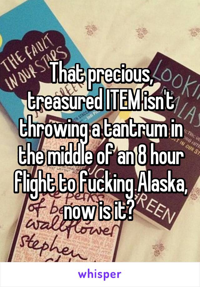 That precious, treasured ITEM isn't throwing a tantrum in the middle of an 8 hour flight to fucking Alaska, now is it? 
