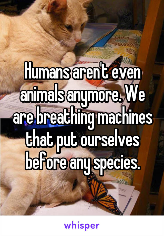 Humans aren't even animals anymore. We are breathing machines that put ourselves before any species.