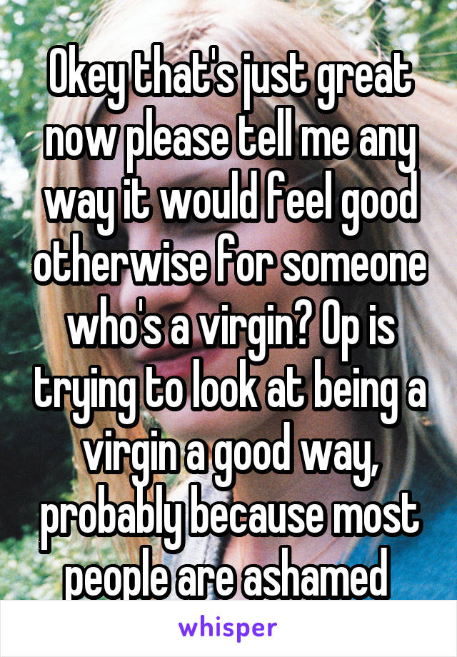 Okey that's just great now please tell me any way it would feel good otherwise for someone who's a virgin? Op is trying to look at being a virgin a good way, probably because most people are ashamed 