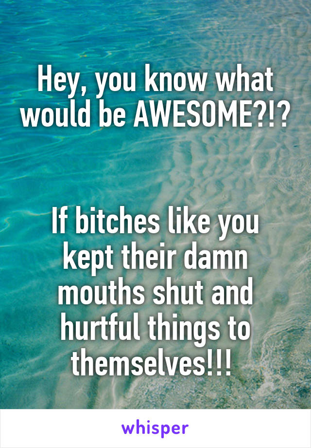 Hey, you know what would be AWESOME?!? 
 
If bitches like you kept their damn mouths shut and hurtful things to themselves!!! 