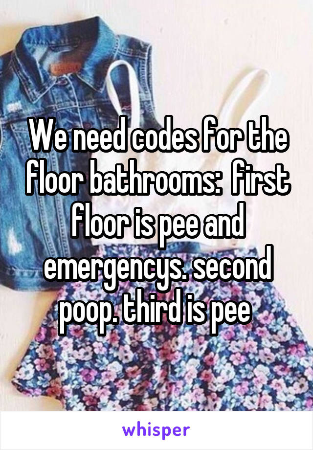 We need codes for the floor bathrooms:  first floor is pee and emergencys. second poop. third is pee 