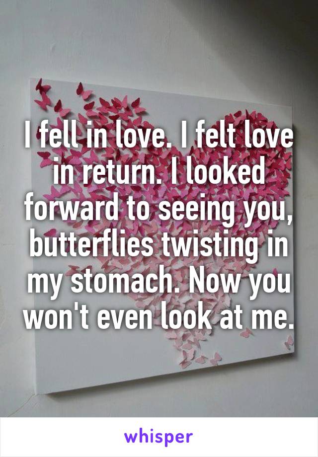 I fell in love. I felt love in return. I looked forward to seeing you, butterflies twisting in my stomach. Now you won't even look at me.