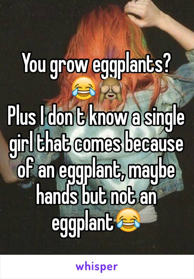 You grow eggplants?
😂🙈
Plus I don t know a single girl that comes because of an eggplant, maybe hands but not an eggplant😂