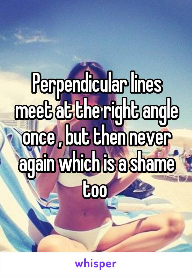 Perpendicular lines meet at the right angle once , but then never again which is a shame too 