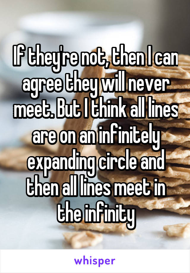 If they're not, then I can agree they will never meet. But I think all lines are on an infinitely expanding circle and then all lines meet in the infinity