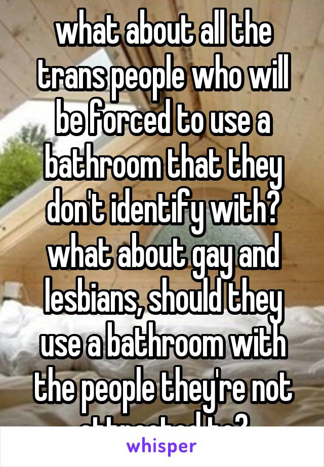 what about all the trans people who will be forced to use a bathroom that they don't identify with? what about gay and lesbians, should they use a bathroom with the people they're not attracted to?