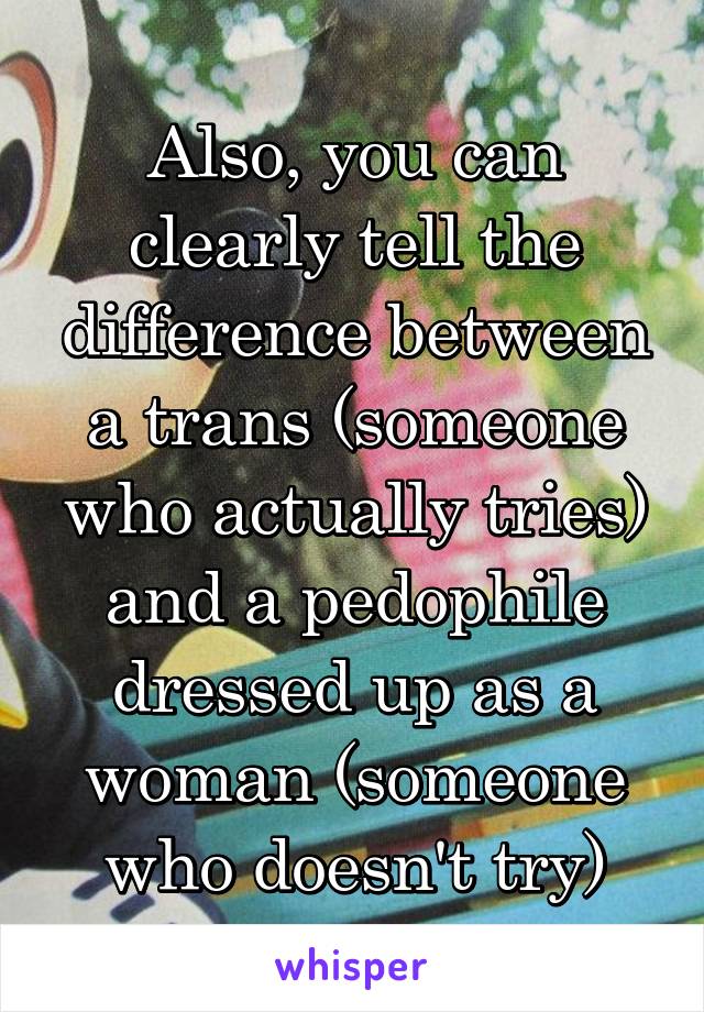 Also, you can clearly tell the difference between a trans (someone who actually tries) and a pedophile dressed up as a woman (someone who doesn't try)