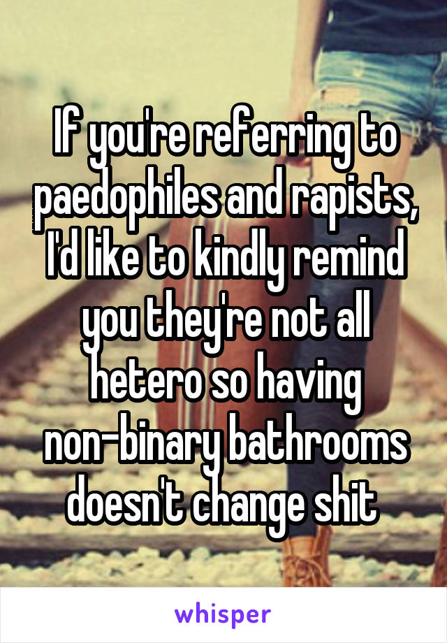 If you're referring to paedophiles and rapists, I'd like to kindly remind you they're not all hetero so having non-binary bathrooms doesn't change shit 