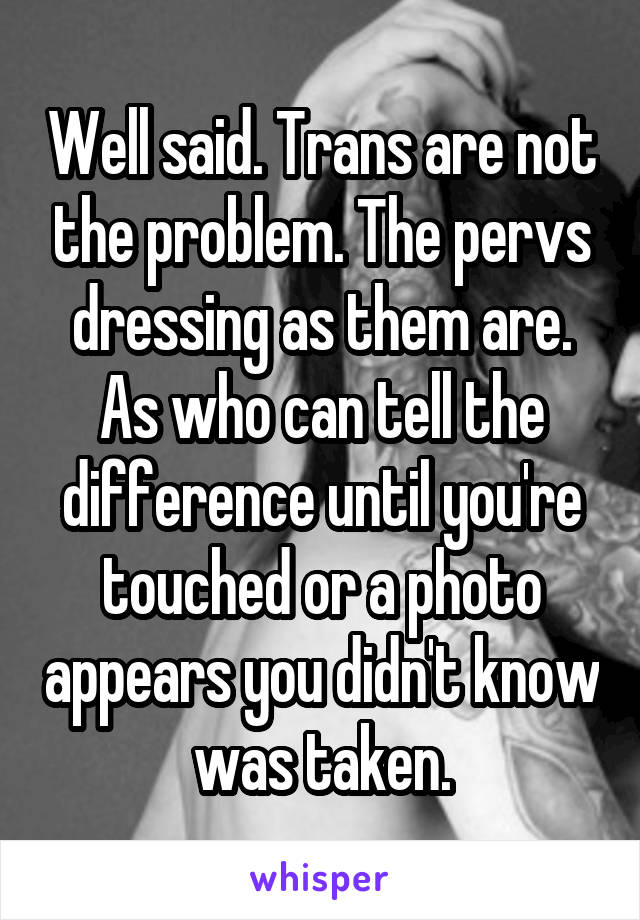 Well said. Trans are not the problem. The pervs dressing as them are. As who can tell the difference until you're touched or a photo appears you didn't know was taken.