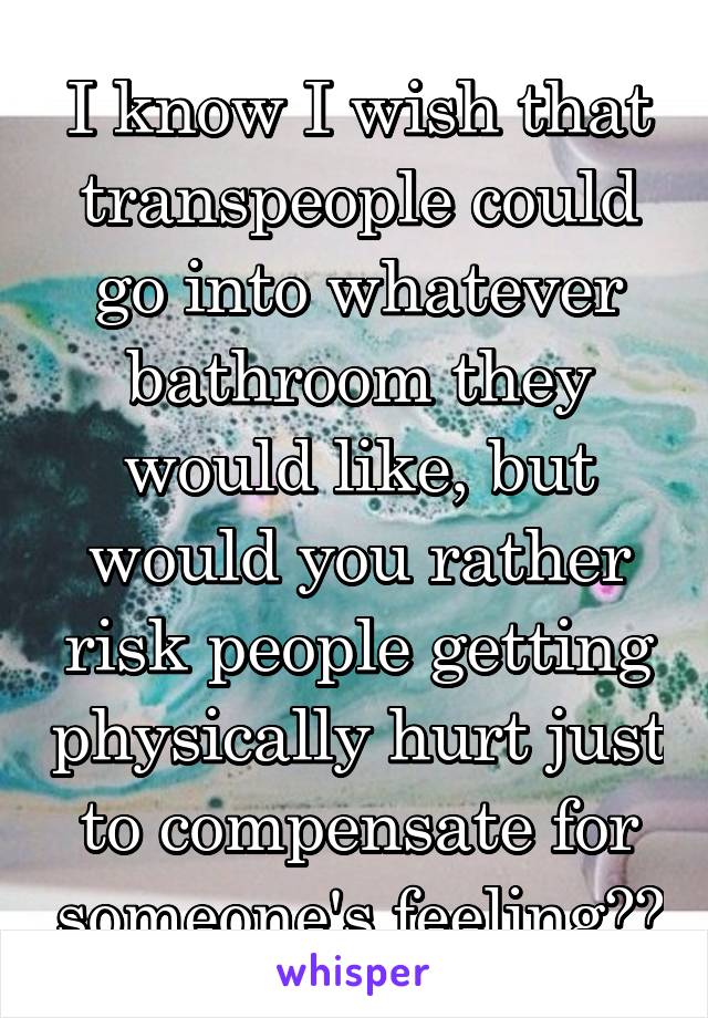 I know I wish that transpeople could go into whatever bathroom they would like, but would you rather risk people getting physically hurt just to compensate for someone's feeling??