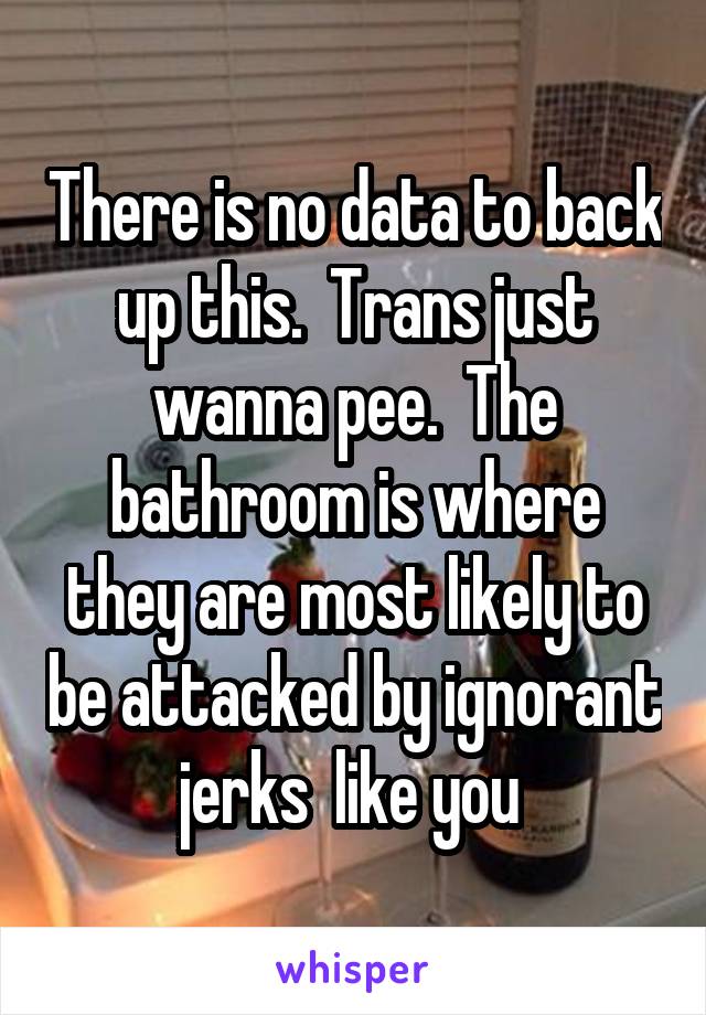 There is no data to back up this.  Trans just wanna pee.  The bathroom is where they are most likely to be attacked by ignorant jerks  like you 