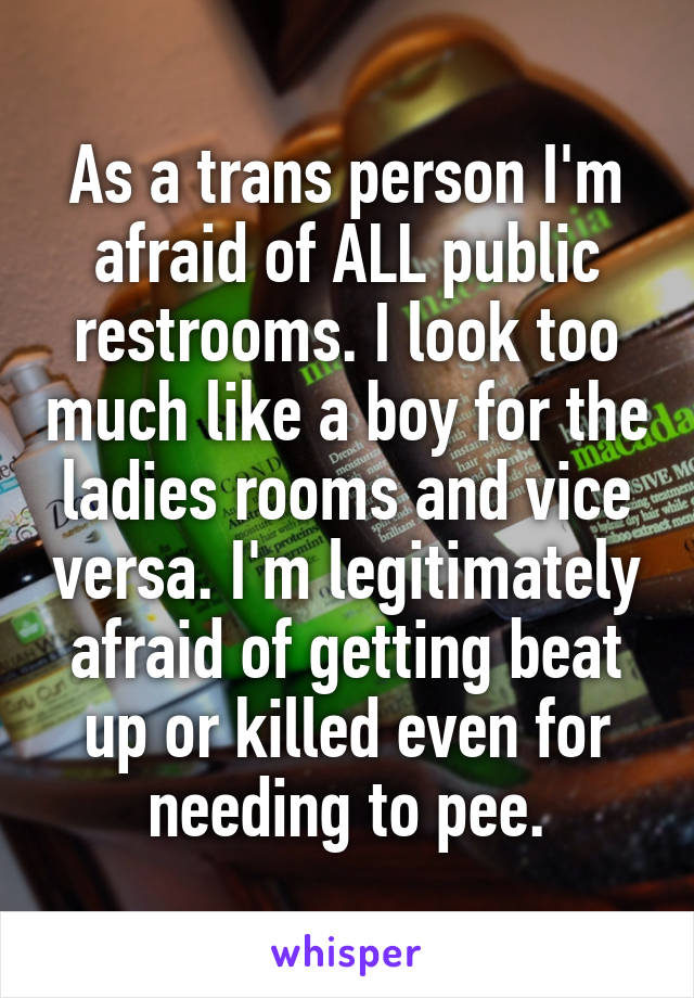 As a trans person I'm afraid of ALL public restrooms. I look too much like a boy for the ladies rooms and vice versa. I'm legitimately afraid of getting beat up or killed even for needing to pee.