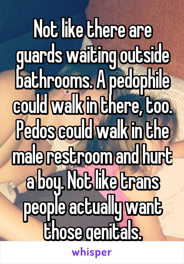 Not like there are guards waiting outside bathrooms. A pedophile could walk in there, too. Pedos could walk in the male restroom and hurt a boy. Not like trans people actually want those genitals.