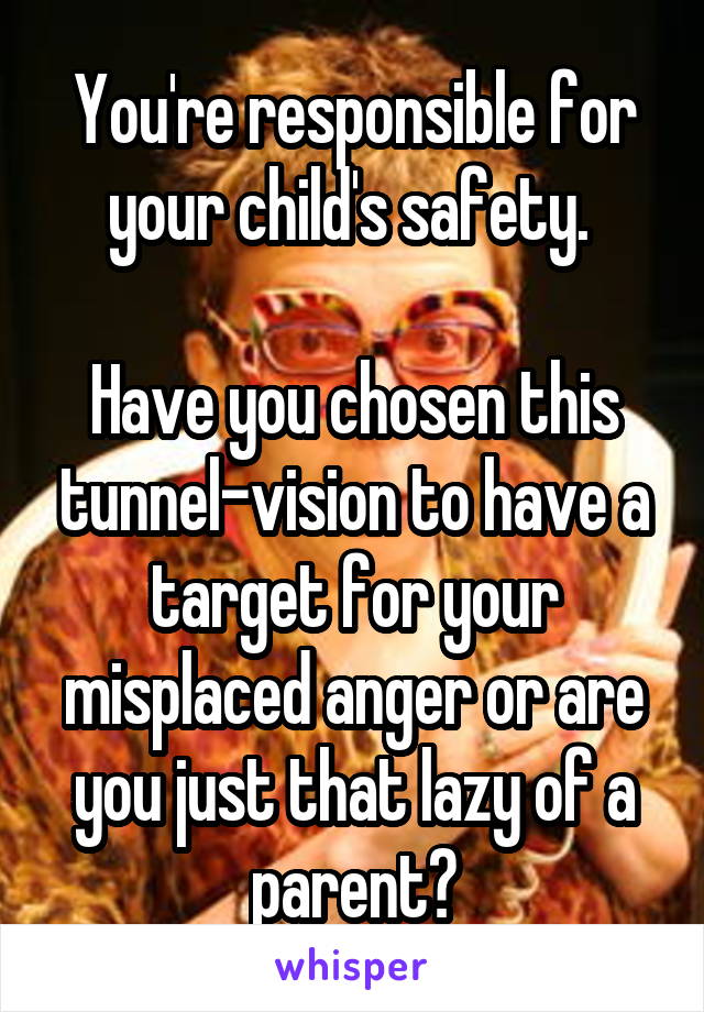 You're responsible for your child's safety. 

Have you chosen this tunnel-vision to have a target for your misplaced anger or are you just that lazy of a parent?