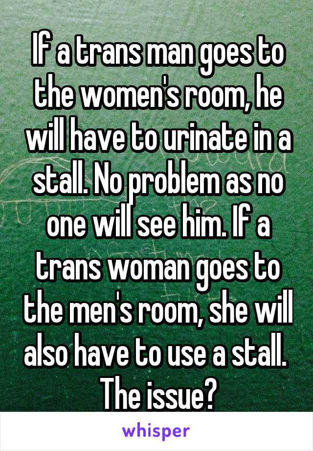 If a trans man goes to the women's room, he will have to urinate in a stall. No problem as no one will see him. If a trans woman goes to the men's room, she will also have to use a stall.  The issue?