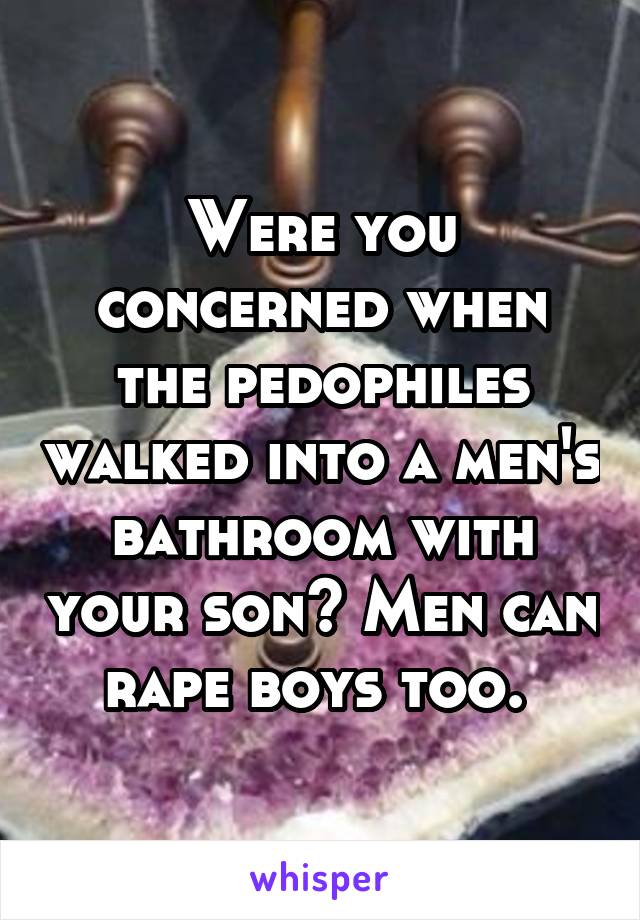 Were you concerned when the pedophiles walked into a men's bathroom with your son? Men can rape boys too. 