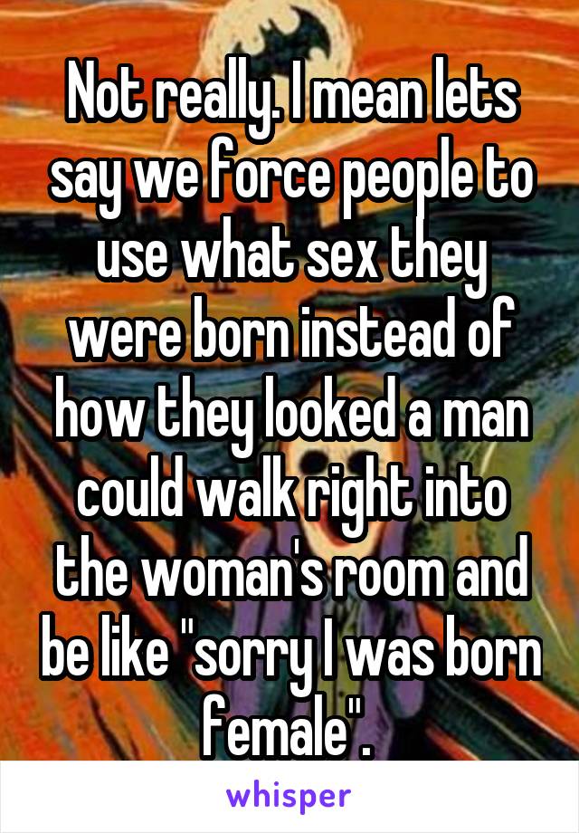 Not really. I mean lets say we force people to use what sex they were born instead of how they looked a man could walk right into the woman's room and be like "sorry I was born female". 