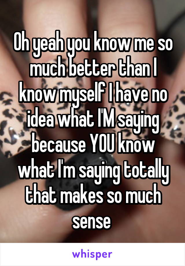 Oh yeah you know me so much better than I know myself I have no idea what I'M saying because YOU know what I'm saying totally that makes so much sense 