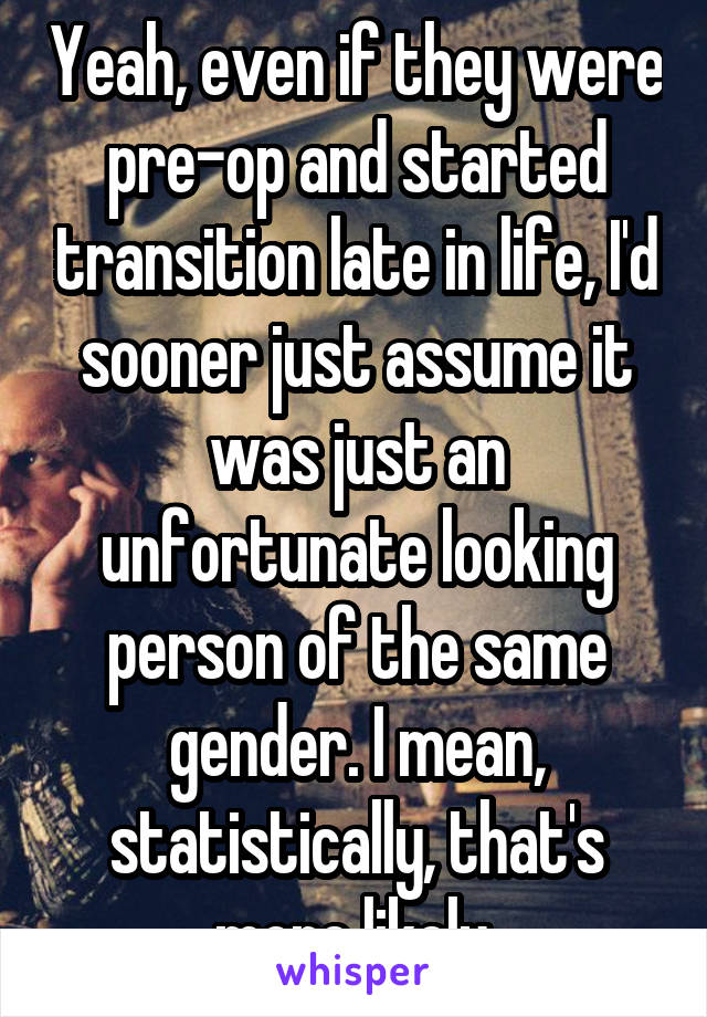 Yeah, even if they were pre-op and started transition late in life, I'd sooner just assume it was just an unfortunate looking person of the same gender. I mean, statistically, that's more likely.