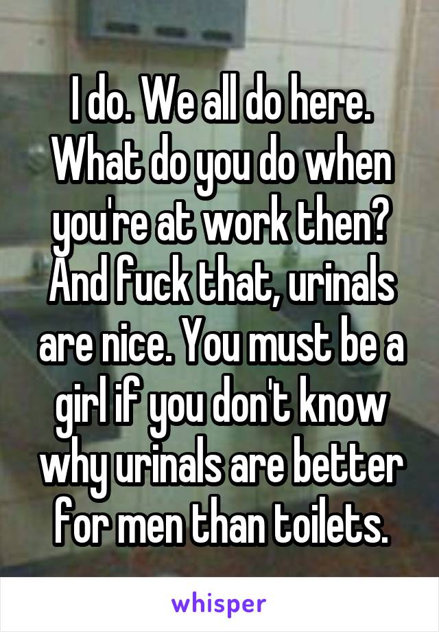 I do. We all do here. What do you do when you're at work then? And fuck that, urinals are nice. You must be a girl if you don't know why urinals are better for men than toilets.