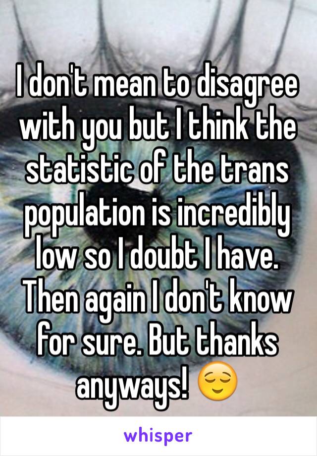 I don't mean to disagree with you but I think the statistic of the trans population is incredibly low so I doubt I have. Then again I don't know for sure. But thanks anyways! 😌