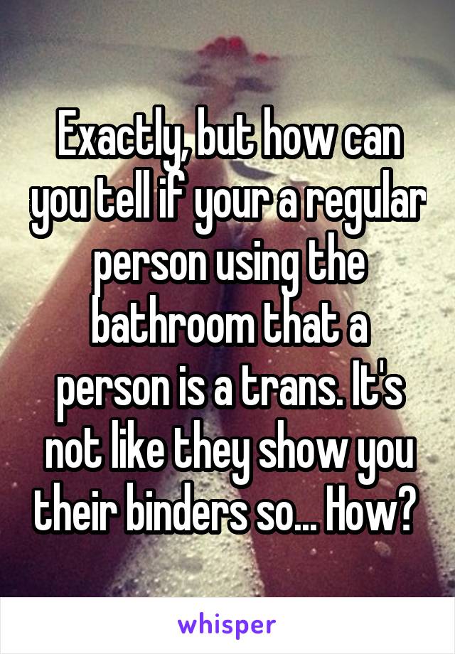 Exactly, but how can you tell if your a regular person using the bathroom that a person is a trans. It's not like they show you their binders so... How? 