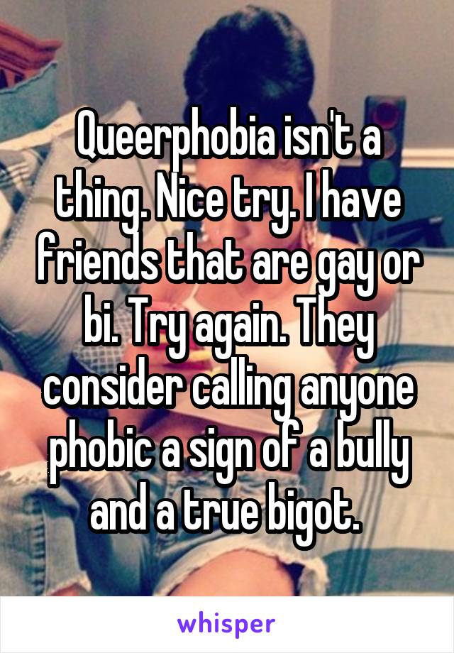 Queerphobia isn't a thing. Nice try. I have friends that are gay or bi. Try again. They consider calling anyone phobic a sign of a bully and a true bigot. 