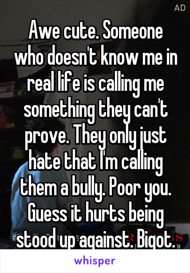 Awe cute. Someone who doesn't know me in real life is calling me something they can't prove. They only just hate that I'm calling them a bully. Poor you. Guess it hurts being stood up against. Bigot.