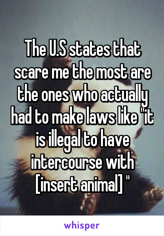 The U.S states that scare me the most are the ones who actually had to make laws like "it is illegal to have intercourse with [insert animal] "