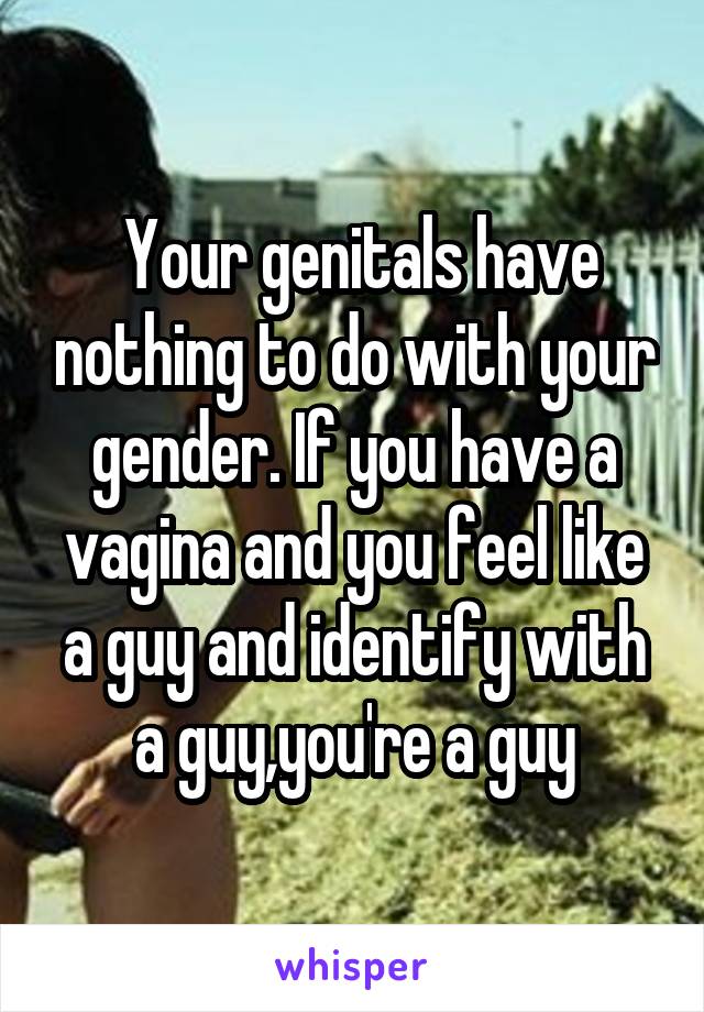  Your genitals have nothing to do with your gender. If you have a vagina and you feel like a guy and identify with a guy,you're a guy