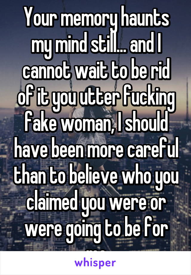 Your memory haunts my mind still... and I cannot wait to be rid of it you utter fucking fake woman, I should have been more careful than to believe who you claimed you were or were going to be for me